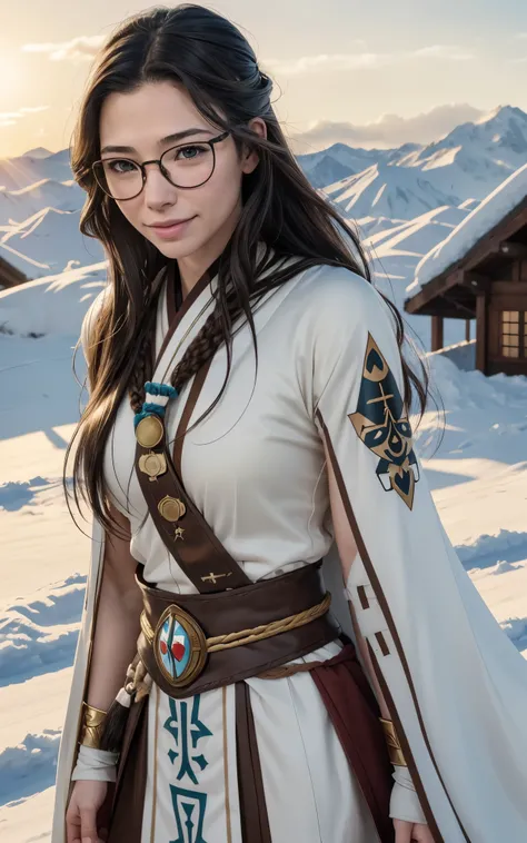 Young ainu woman with the face of (Gal Gadot:Evangeline Lilly), (looking at viewer, light smile, ), brown hair, brown eyes,  long hair, hair_flying, Fluttering hair, flying_hair, ((Transparent glasses, glasses, glasses_on_nose)), ((traditional ainu clothes...