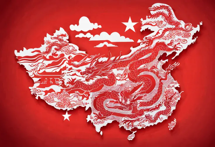 Chalkboard art style, ,red poster design,(Map of China),background:Dragon silhouette,
