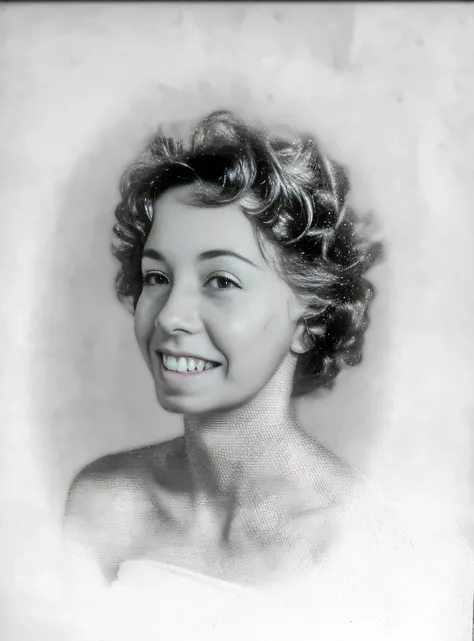 Una foto en blanco y negro de una mujer con una gran sonrisa, in his early 20s, Retrato de cabeza y hombros, en su temprano 3 0, smile 1950s, 1950s photograph, Retrato de cabeza y hombros, Representation of a close-up portrait, Foto temprana en blanco y ne...