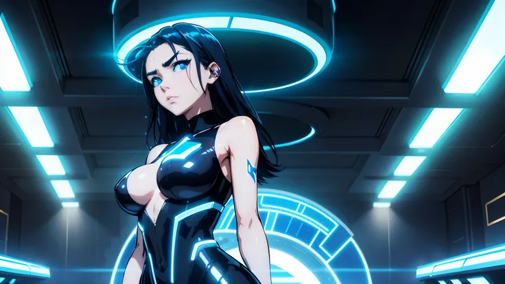 cool phonk anime girl , dark blue hair , blue eyes , rainy time , underground dance club , whole body shot, big breast, (Perfect thick white eyebrows) Delicate fur, 详细s face, s the perfect face, At a in an underground  club like tron movie, (Drink a glass ...