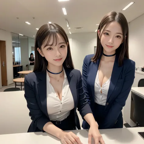 table top, highest quality, shape, Super detailed, finely, High resolution, 8k wallpaper, 完璧なダイナミックな構shape, beautiful and detailed eyes, natural lip,navy blue blazer , big breasts, whole body、black choker、big breasts、standing on the other side of the count...