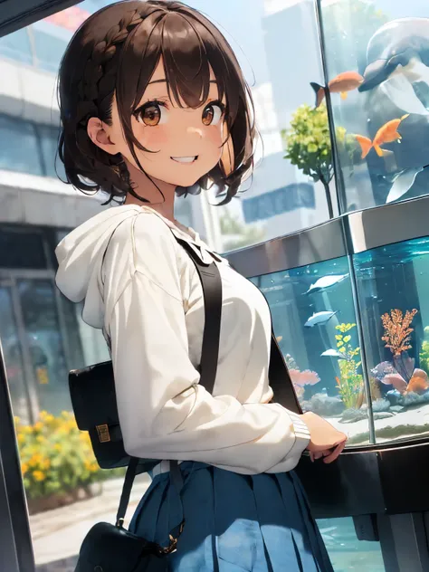 (brown hair:1.3),(brown eyes:1.3),((Braided shorthair:1.4)),((With bangs)),((fashion//ivory long sleeve hoodie,Floral pleated long skirt,denim jackets,white shoulder bag:1.4)),((In front of the huge aquarium:1.3)),((Dating atmosphere:1.3)),(blush:1.25),(Lo...