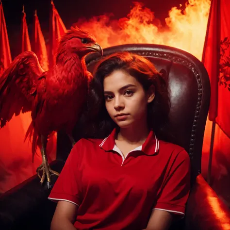 1girl, 18 years with a red phoenix, serious face, (realista: 1.3), finamente detalhado, qualidade, (obra-prima: 1.2), (fotorrealista: 1.2), (melhor qualidade), (pele detalhada: 1.3), (detalhes intrincados), dramatic, ray tracing, fotografia, Banhado em som...