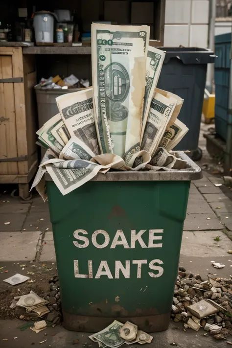 banknotes in the trash with dirt. well detailed, la poubelle, billets de banque