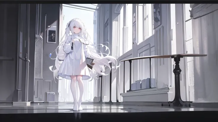 A girl with white hair and a white sweater stands in white 4K HD with the best lighting, delicate face, newspaper wall background, full body