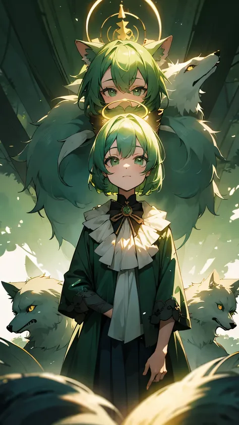 Mysterious green hair, monocle, wolf cut, forest anime style with a soothing halo