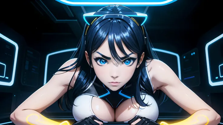 cool phonk anime girl , dark blue hair , blue eyes , rainy time , underground dance club , whole body shot, big breast, (Perfect thick white eyebrows) Delicate fur, 详细s face, s the perfect face, At a in an underground  club like tron movie, Comfortable bac...