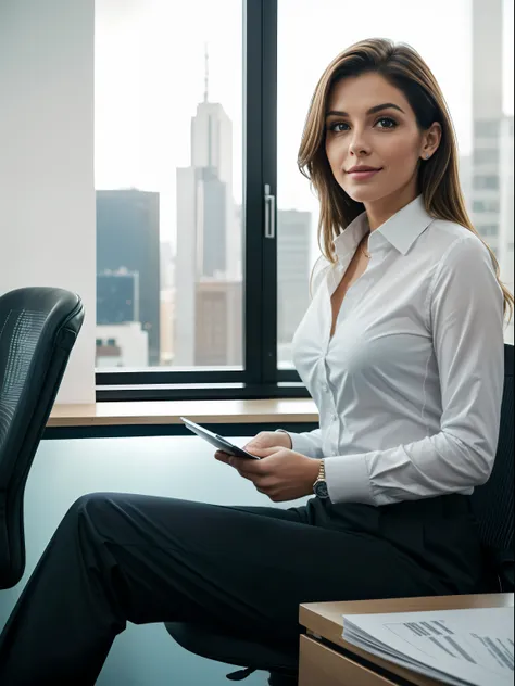 A cute woman sitting in the office,crew cut,business suit,Windows,Cityscape,corpo inteiro,macho maduro,,best quality, 50mm f/2.8, fotografia e revista GQ, Trending on Flickr Masterpiece, high resolution, best quality,, Realistic, Realistic photo, foto do f...