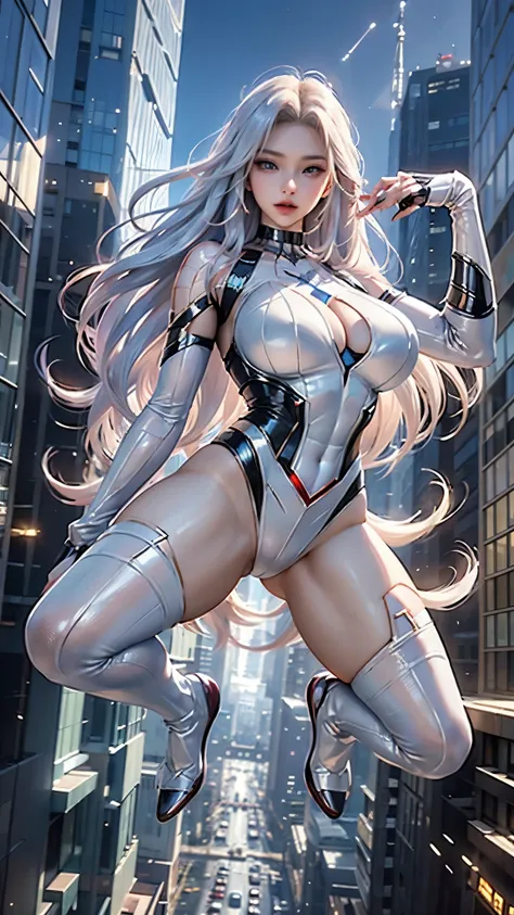 (masterpiece, 4K resolution, Surrealism, Very detailed), (white super hero theme, attractive, There was a girl in town, Wearing a spiderman costume, Shes a superhero), [ ((25 years), (long white hair:1.2), whole body, (blue eyes:1.2), ((chivalrous posture)...