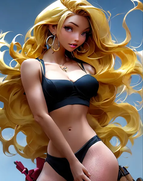 masterpiece, best quality, high resolution, Very detailed, A cartoon character，Yellow hair, and long hair，1 girl looks arrogant at 18 years old, She is the last boss (female focus:1.3), Miss, healthy, muscular, (Hips are very thin:1.1)