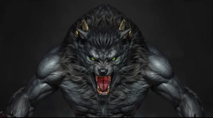 (masterpiece),(best quality:1.0),(ultra high resolution:1.0),monster, werewolf, menacing look,claws, green eyes , fangs, wolfteam, face focus, abused after the war, muscles, 8k wallpaper, full body