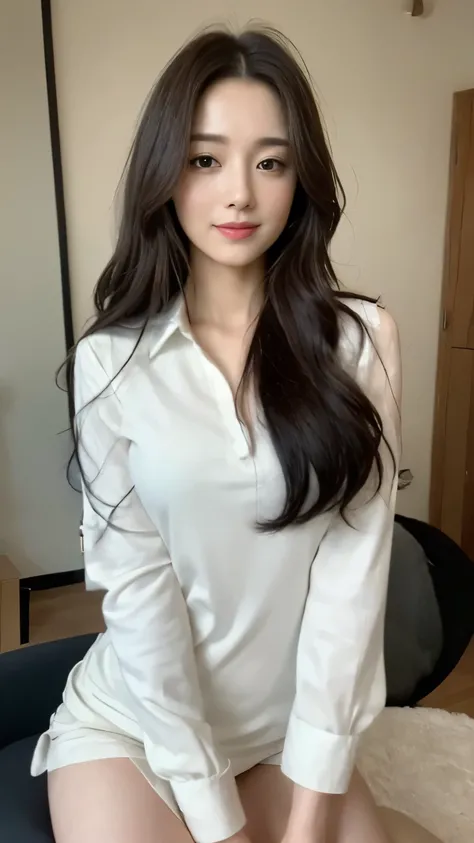 ((top-quality、8k、​masterpiece:1.3))、Beautiful woman with perfect body:1.4、slim abdomen:1.2、Longhair, normal breast, Highly detailed facial and skin texture, A detailed eye, (smile), (full body shot), ((office)), (sitting on chair), (((wearing white uniform...