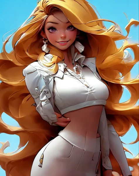 (NIJIFTB), A cartoon character，Yellow hair, and long hair，1 girl looks arrogant at 18 years old, She is the last boss (female focus:1.3), Miss, healthy, muscular, (Hips are very thin:1.1)