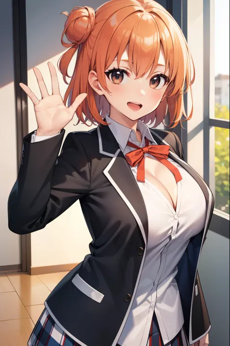 Yuigahama Yui, short hair, (brown eyes), (orange hair),  single bun hair, 
break skirt, shirt, ribbon, School uniform, Jacket, white shirt, black Jacket, blazer, sobu high School uniform, 
break indoors, School, 
break looking at viewer, 
break (masterpiec...