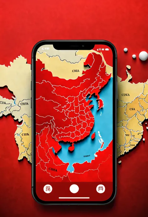 APP icon design style, red mobile wallpaper，（China 3D map），Perfect integration，