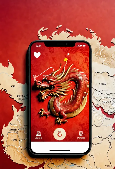 APP icon design style, red mobile wallpaper，（China 3D map fully integrated with silhouette dragon），Perfect integration，