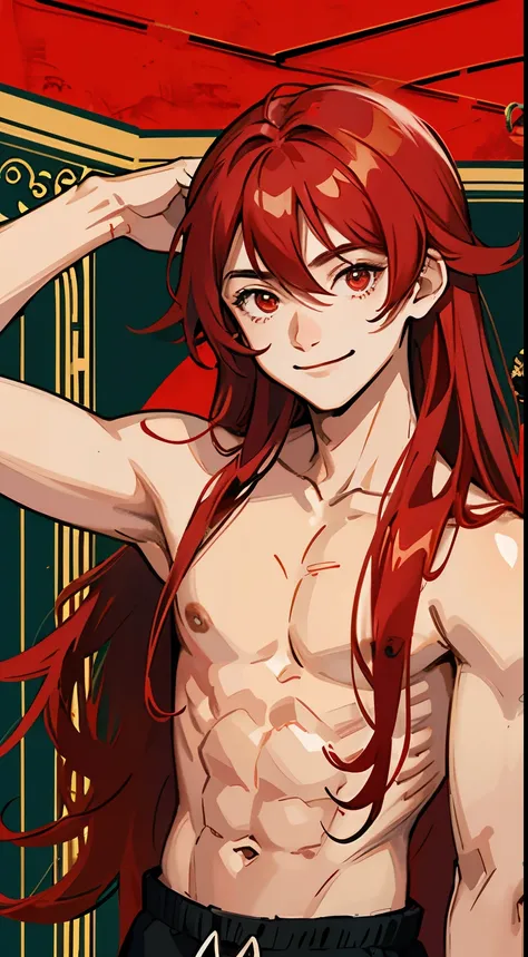 Boy 12-year-old, red eyes, red long hair,(long hair), smiling, shirtless, anime, room  background