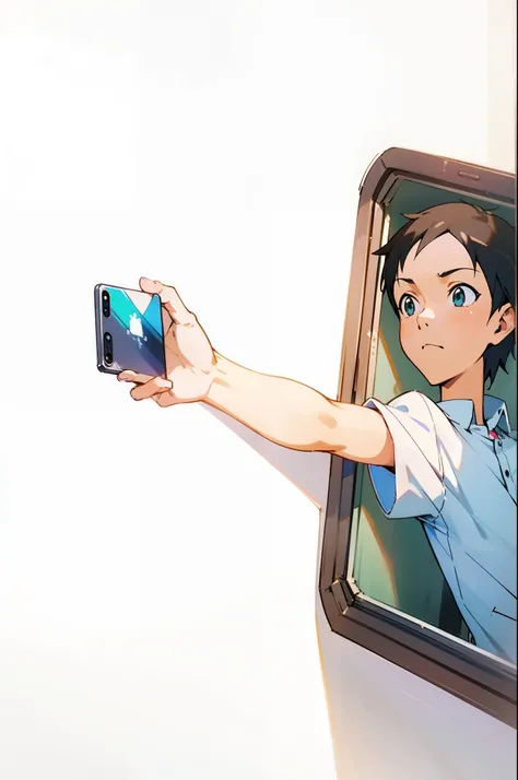 anime boy taking a selfie with his cell phone in a window, ( ( makoto shinkai ) ), makoto shinkai!!, makoto shinkai!, in the anime film, style of makoto shinkai, mokoto shinkai, guweiz and makoto shinkai, anime still frame, phone!! held up to visor, nichij...