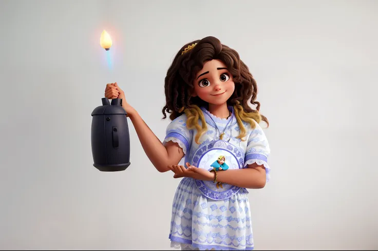 Uma jovem vestir de princesa Mirabel do filme encanto sorrindo , holding a lighted lamp in his hand, estilo Disney,