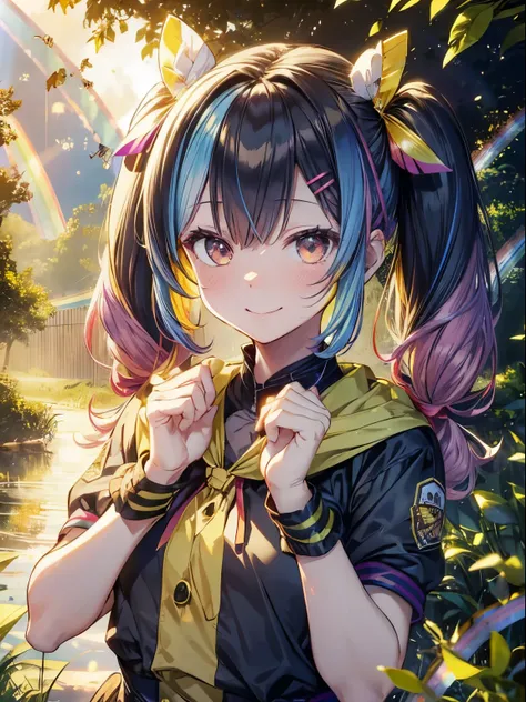 wasp nest、lots of wasps、in the forest、(muste piece:1.3),1 baby girl,naughty smile, (rainbow hair:1.4),((long twintails,ribbon 1.4)), (Wasp hair ornament 1.3)、A sloppy smile、smiling、strong face、bee removal、Wasp removal、