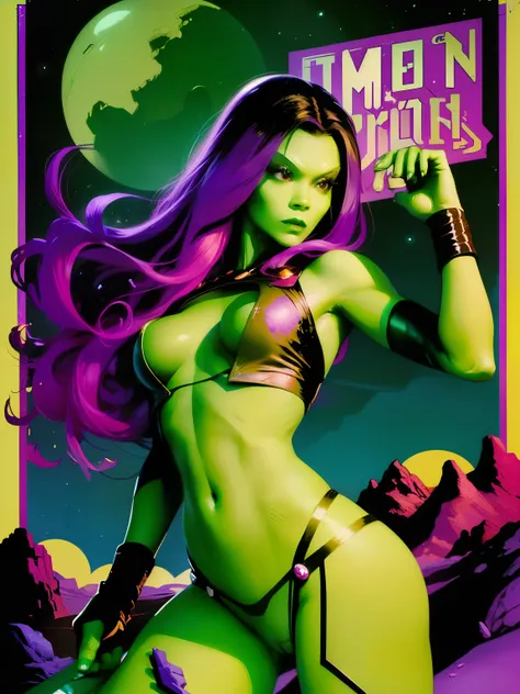 (((COMIC STYLE, CARTOON ART))). ((1 girl)), lonly, solo, ((A comic-style image)) of Gamora, with her as the central figure. She is standing, with her hands holding a sword. She wears a black and purple costume, ((pink anda purple hair)). She has long, stra...