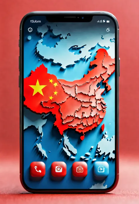 app icon design style, red mobile wallpaper，（china 3d map），background：blurred flat blue world map outline