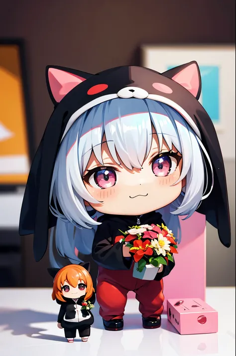 (Chibi:1.3), happy, (holding a bouquet), full body, (Kigurumi), indoors, on the table, (Nendoroid:1.1),