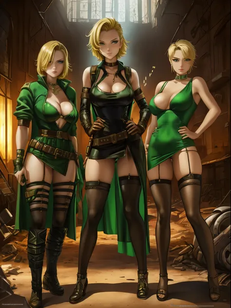 19-year-old Russian women, 2girls, lesbians, fair skin, short blonde hair, dressed in a green minidress, clubbing outfit, apocalyptic wasteland, daytime, good lighting, desert, rusted hulks