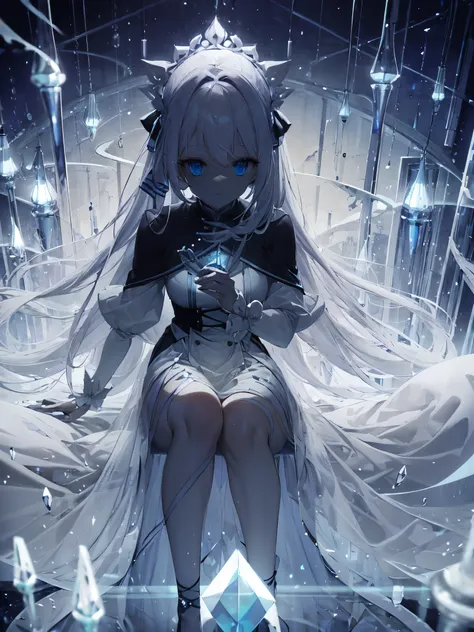 white haired woman　very long hair、sitting down　Light is shining from above　inside the white castle　transparent　glass　BLUE