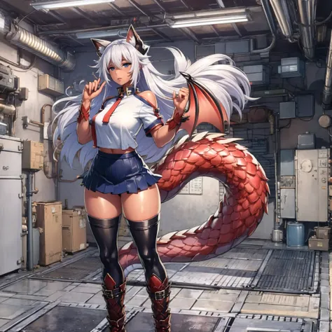 masterpiece, shoulder length white hair, female,2 white fox ears, teenage girl, slim body,white scale dragon tail, military boot...