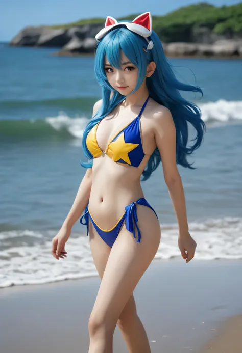 instagram star Xiaorou SeeU, dressed in  swimsuit cosplay, is strolling and acting adorable by the beach, no nudity, safe for work, show all of her, full body shot, head to toe, highest detail, masterpiece, extreme quality