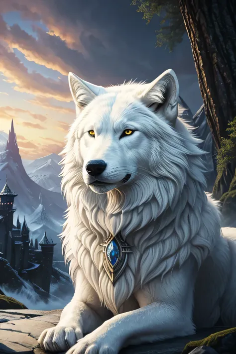 there is a big white wolf with a huge head and a huge body, epic fantasy card game art, arte de fantasia altamente detalhada, ar...