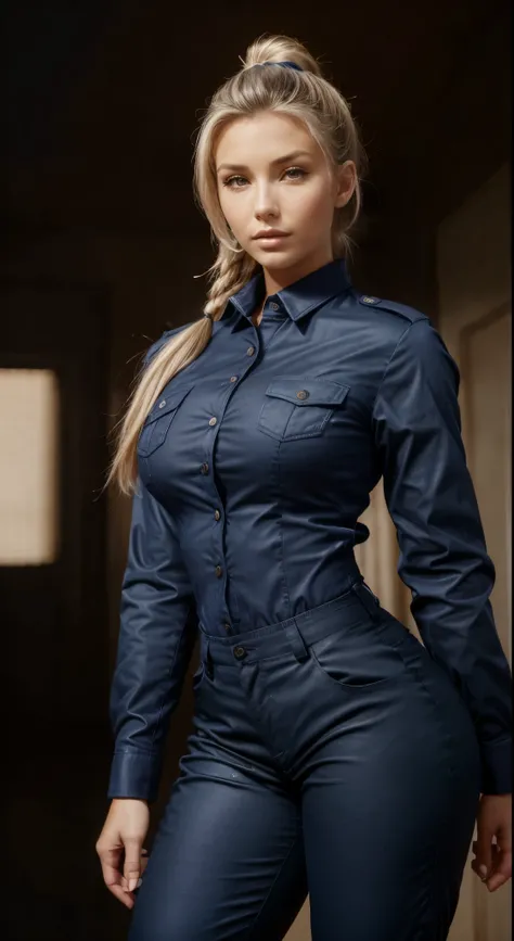 Foto hiperrealista en primer plano de Emily Sears, masterpiece, best quality, (photorealistic:1.4), full body, (navy blue buttoned shirt:1.2), (navy blue uniform jacket:1.2), (navy blue tactical pants:1.2), Black knee high boots, cinematic light, beautiful...