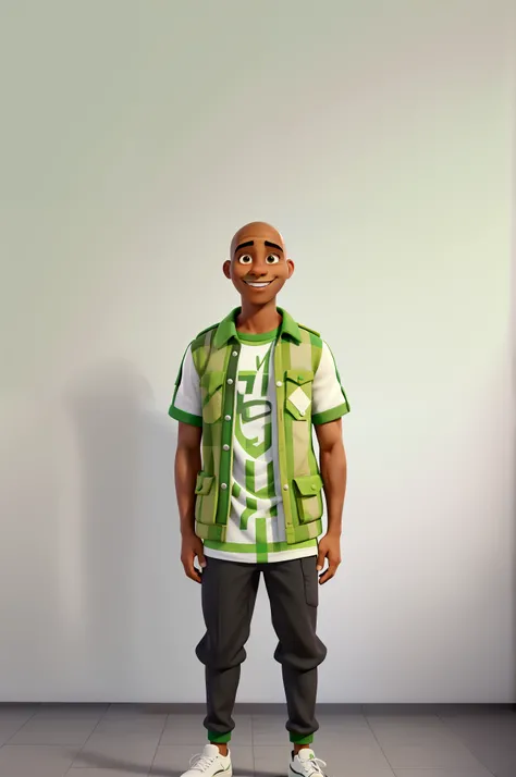  homem jovem negro careca, sorrindo, vestir estilo Bruno Madrigal do filme Encantados, roupa de cor verde, estilo Disney