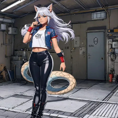 masterpiece, shoulder length white hair, female,2 white fox ears, teenage girl, slim body,white scale dragon tail, military boot...