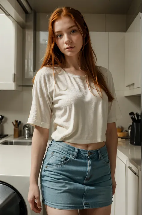 Photo of a ginger woman, in random places, with normal clothes, (freckles:0.8) cute face, dystopian, detailed eyes, Lady, approximately 18 years old, posing while doing day to day chores. Resolution 8k, 4k, ultrarealistic, realistic, textured skin