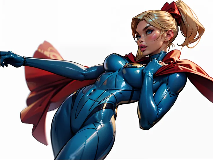 ((masterpiece)),(((best quality))),((character design sheet)), ((full body view)), (Gemma Chan face), illustration,1girl, muscular, ((blue bodysuit:1.5)), superhero, (blonde ponytail:1.4), (red cape:1.4) ((detailed face:1.4)) ((slendered abs:1.4)), red glo...