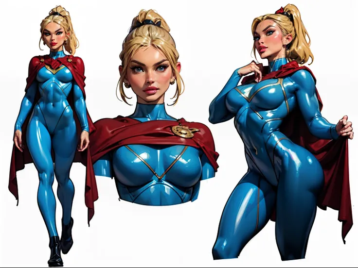 ((masterpiece)),(((best quality))),((character design sheet)), ((full body view)), (Gemma Chan face), illustration,1girl, muscular, ((blue bodysuit:1.5)), superhero, (blonde ponytail:1.4), (red cape:1.4) ((detailed face:1.4)) ((slendered abs:1.4)), red glo...