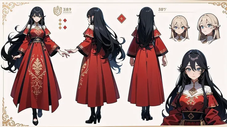 ((masterpiece, best quality)), Detailed face, character table, whole body, 1 girl, Beautiful and delicate eyes, black hair, long hair, ((thick hair)), hair between eyes, beautiful red dress，With detailed gold pattern, very long clothes, very big clothes, v...