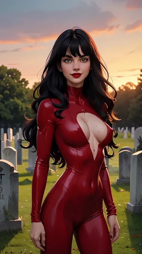 woman, white skin, green eyes, black hair, wavy hair, straight hair, bangs, cemetery, blood in mouth, red body suit, river of blood, standing, deep neckline, marked nipples on clothing, smiling, looking at camera , red lips, athletic, frontal shot.