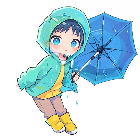 cartoon boy in raincoat tenant un parapluie and pantalon and jumping, fille en imperméable, it is il pleut heavily, it is il ple...