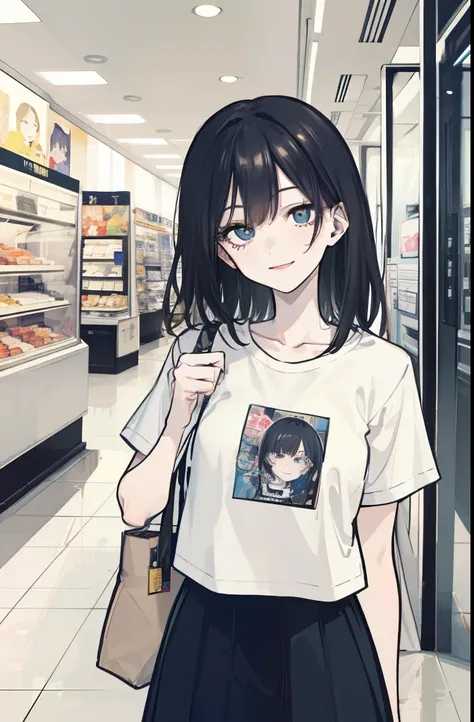 1 girl, smile, shirt, mall) chiralism,