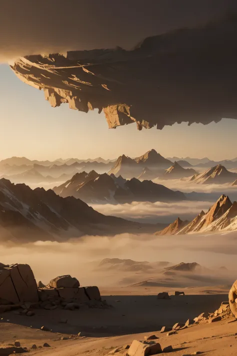 mountain range with the lower range is covered in wasteland and dust storms