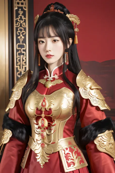 a close up of a woman in a red dress and gold armor, inspired by Du Qiong, lady in red armor, ornate cosplay, a young woman as genghis khan, inspired by Wu Bin, xianxia hero, inspired by Pu Hua, inspired by Li Mei-shu, inspired by Zhao Zuo, full traditiona...