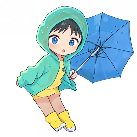 cartoon boy in raincoat tenant un parapluie and jumping, fille en imperméable, it is il pleut heavily, it is il pleut, personne ...