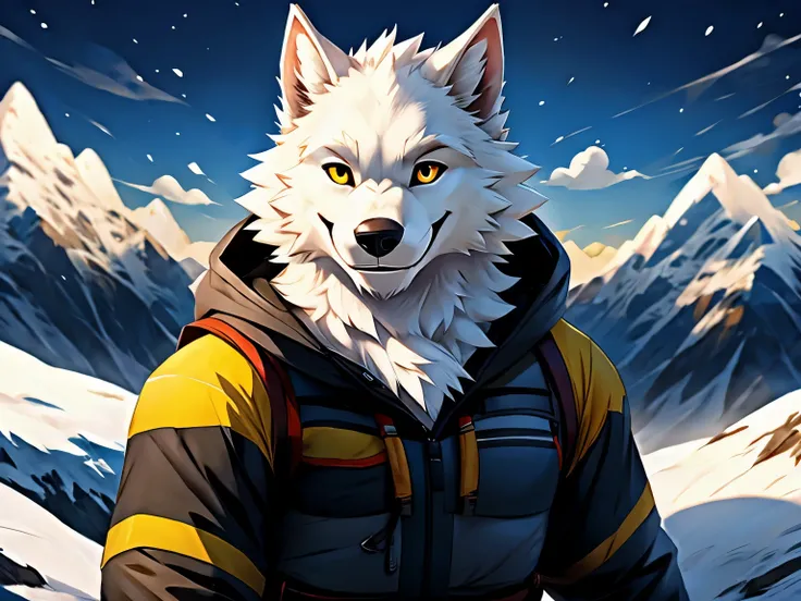 male，Werewolf wearing heavy mountaineering clothing，White fur，furry，Smile for the camera，snow mountain