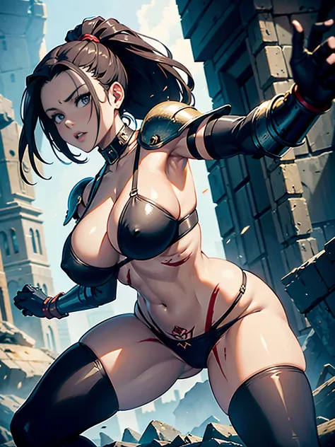 {{Masterpiece}}, A pretty young woman with big firm breasts, narrow waist, wide hips, strong thighs, strong firm butt, North American type, in a world after an atomic apocalypse, a warrior woman with black wild dreadlocks, armor made of fur and scrap metal...