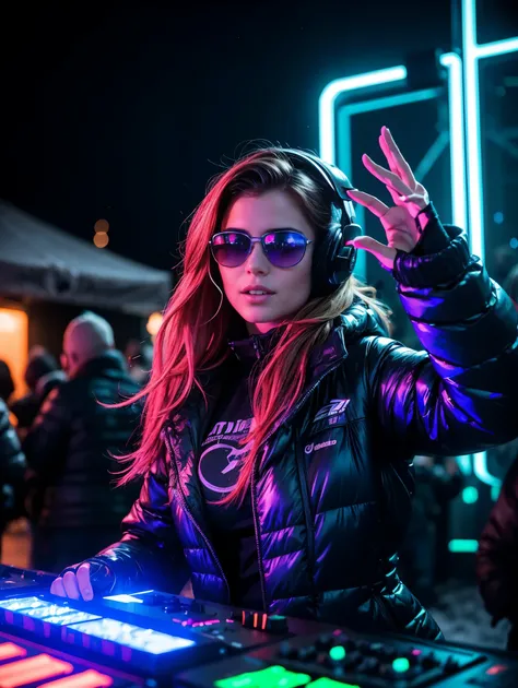 One ultra hot European gorgeous woman, age 23, auburn wavy hair. (sunglasses), full size headphones, dark New Years outside rave party,DJ mixing on the DJ booth, raised hand. in a snowy village.neon cyberpunk at night, coordinator neon glow, ultra-detailed...