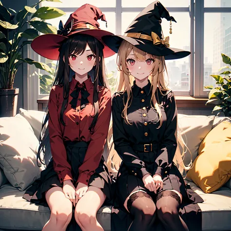 two witch girls with long hair and dresses sitting sofa in front of tea room,bag, multiple girls, hat, mob cap, blonde hair, tie, black dress, red eyes, skirt, shirt, brown hair, smile, red dress, gold eyes, looking at viewer, over knee socks,
