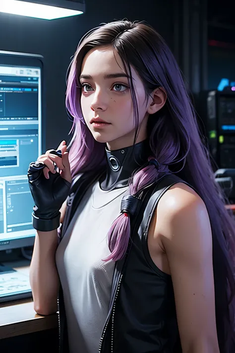 data broker man with violet dreadlocks and soft white eyes in cyberpunk fashion and with a chromed cybernetic arm